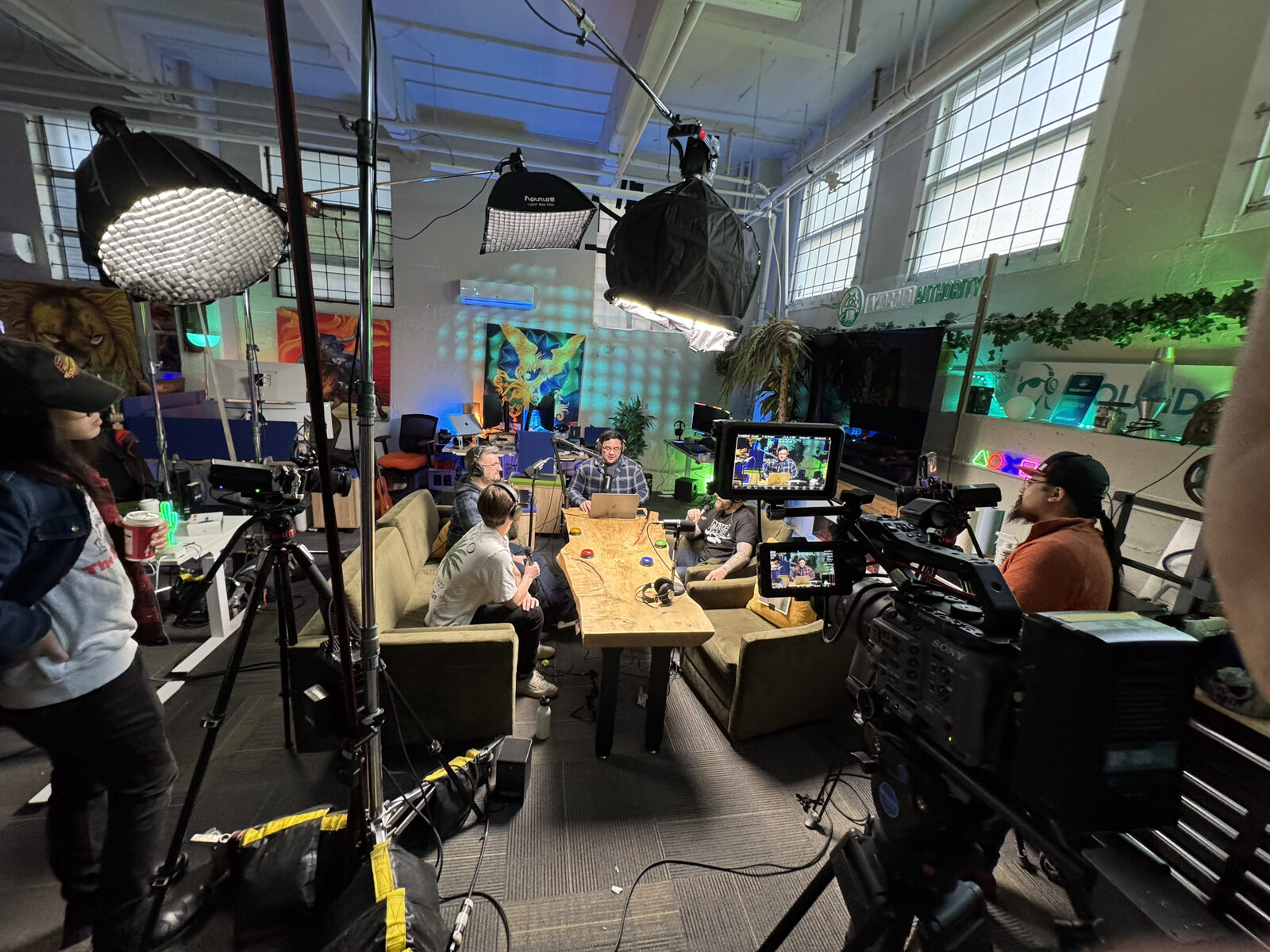 Podcast studio set up with microphones and cameras